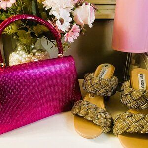 NEW Pink Rhinestone Evening Purse + Steve Madden Braided Gold Heels Bundle